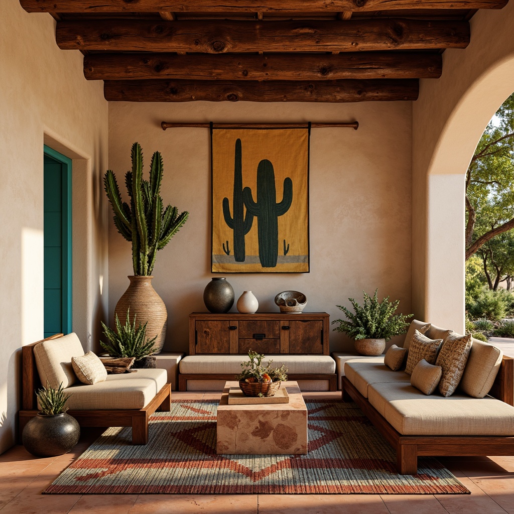 Prompt: Rustic southwestern interior, adobe-style walls, earthy terracotta floors, distressed wood beams, woven Native American-inspired textiles, vibrant turquoise accents, geometric patterned rugs, natural fiber upholstery, rough-hewn wooden furniture, ambient warm lighting, soft shadowing, 1/1 composition, realistic textures, subtle color grading, desert botanicals, potted cacti, worn leather accessories, aged metal decor.