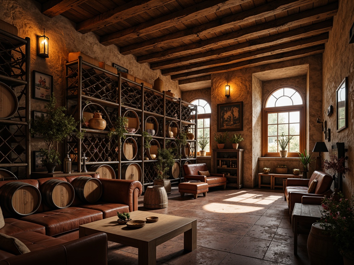 Prompt: Rustic wine cellar, reclaimed wood shelves, metal lattice racks, dimly lit ambiance, warm earthy tones, eclectic decor, vintage wine barrels, wooden crates, antique furnishings, ornate metalwork, rich leather upholstery, distressed stone walls, arched windows, soft golden lighting, shallow depth of field, 1/1 composition, realistic textures, ambient occlusion.