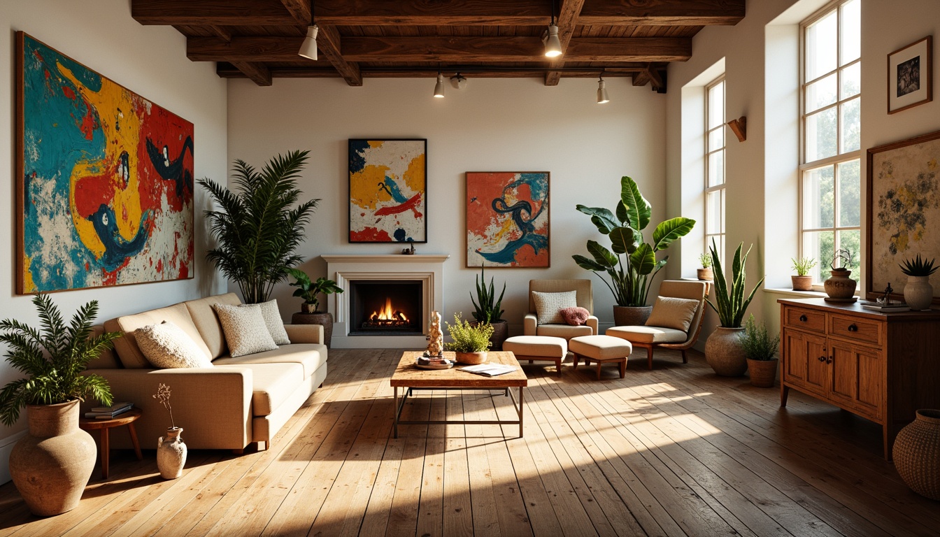 Prompt: Vibrant artistic studio, natural light pouring in, wooden floorboards, eclectic furniture pieces, abstract artwork, bold brushstrokes, primary color accents, creamy whites, rich wood tones, earthy undertones, warm golden lighting, shallow depth of field, 1/1 composition, panoramic view, realistic textures, ambient occlusion.