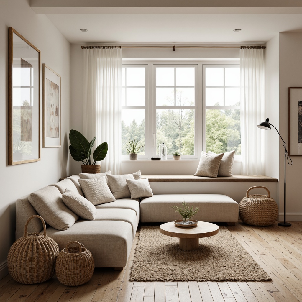 Prompt: Minimalist living room, neutral color palette, light wood accents, soft beige sofas, natural textiles, woven baskets, Nordic-inspired patterns, subtle geometric motifs, clean lines, minimal ornamentation, abundant natural light, large windows, sheer white curtains, cozy reading nook, wooden floorboards, woven rugs, earthy tones, calming atmosphere, warm glow lighting, shallow depth of field, 1/2 composition, soft focus, realistic textures.