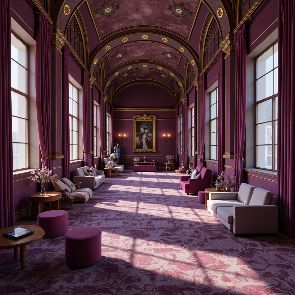 Prompt: Rich plum purple, soft lavender accents, creamy white highlights, warm beige undertones, subtle gold metallic details, elegant curves, ornate patterns, luxurious fabrics, sophisticated interior design, ambient warm lighting, shallow depth of field, 2/3 composition, realistic textures, atmospheric perspective.