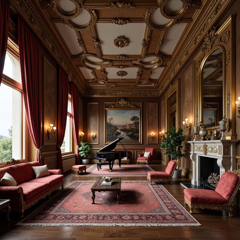 Prompt: Elegant mansion, ornate furnishings, rich velvet fabrics, intricately carved wooden furniture, gilded accents, crystal chandeliers, marble floors, grand pianos, ornamental mirrors, fresco ceilings, Renaissance-inspired artwork, lavish drapery, classical columns, subtle warm lighting, shallow depth of field, 2/3 composition, realistic textures, ambient occlusion.