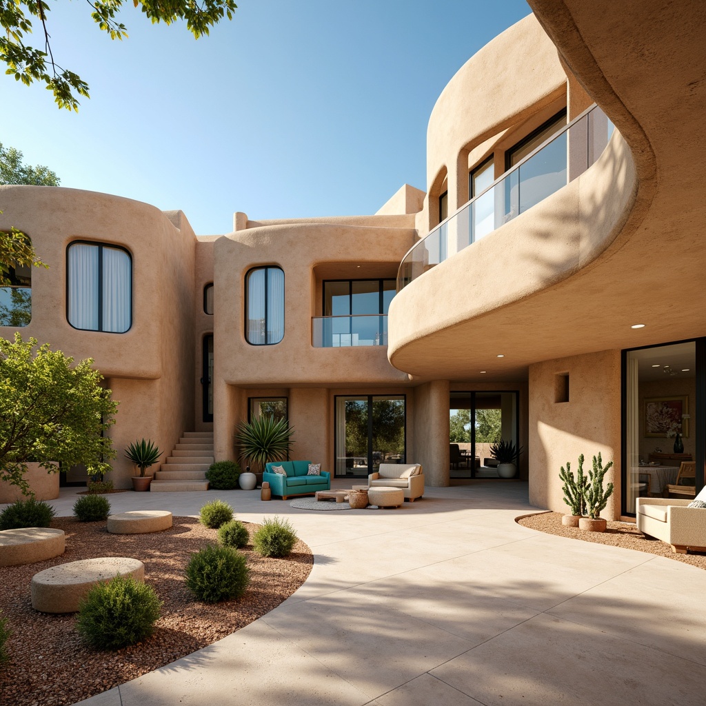 Prompt: Adobe earth-toned stucco buildings, curved lines, Pueblo-inspired architecture, vibrant turquoise accents, warm beige interiors, large windows, clerestory windows, skylights, open floor plans, minimal obstructions, reflective white walls, polished concrete floors, natural fiber textiles, woven baskets, Southwestern patterns, geometric motifs, lush greenery, cacti plants, desert landscape, clear blue sky, sunny day, high ceilings, wooden beams, rustic wood accents, ambient lighting, soft warm glow, 3/4 composition, panoramic view, realistic textures, ambient occlusion.