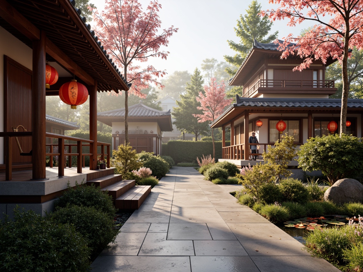 Prompt: Intricate pagoda structures, richly ornamented eaves, vibrant red lanterns, delicate cherry blossom motifs, natural stone paving, polished wooden accents, bamboo fencing, lush greenery, tranquil koi ponds, serene water features, soft warm lighting, subtle misting effects, shallow depth of field, 3/4 composition, realistic textures, ambient occlusion.