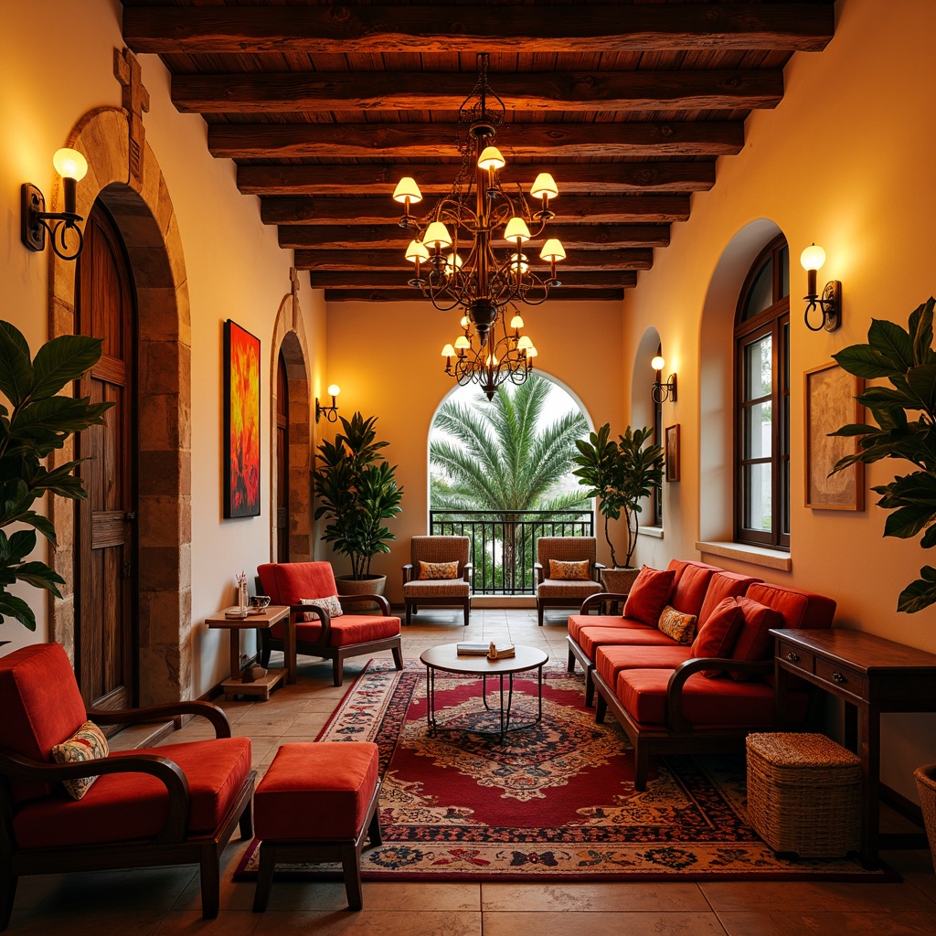 Prompt: Warm Mediterranean interior, soft warm lighting, ornate chandeliers, elegant pendant lights, rustic wooden beams, natural stone walls, arched windows, decorative tile floors, plush velvet furniture, vibrant colorful textiles, intricate geometric patterns, ambient warm glow, golden hour illumination, shallow depth of field, 1/1 composition, realistic textures, cozy intimate atmosphere.