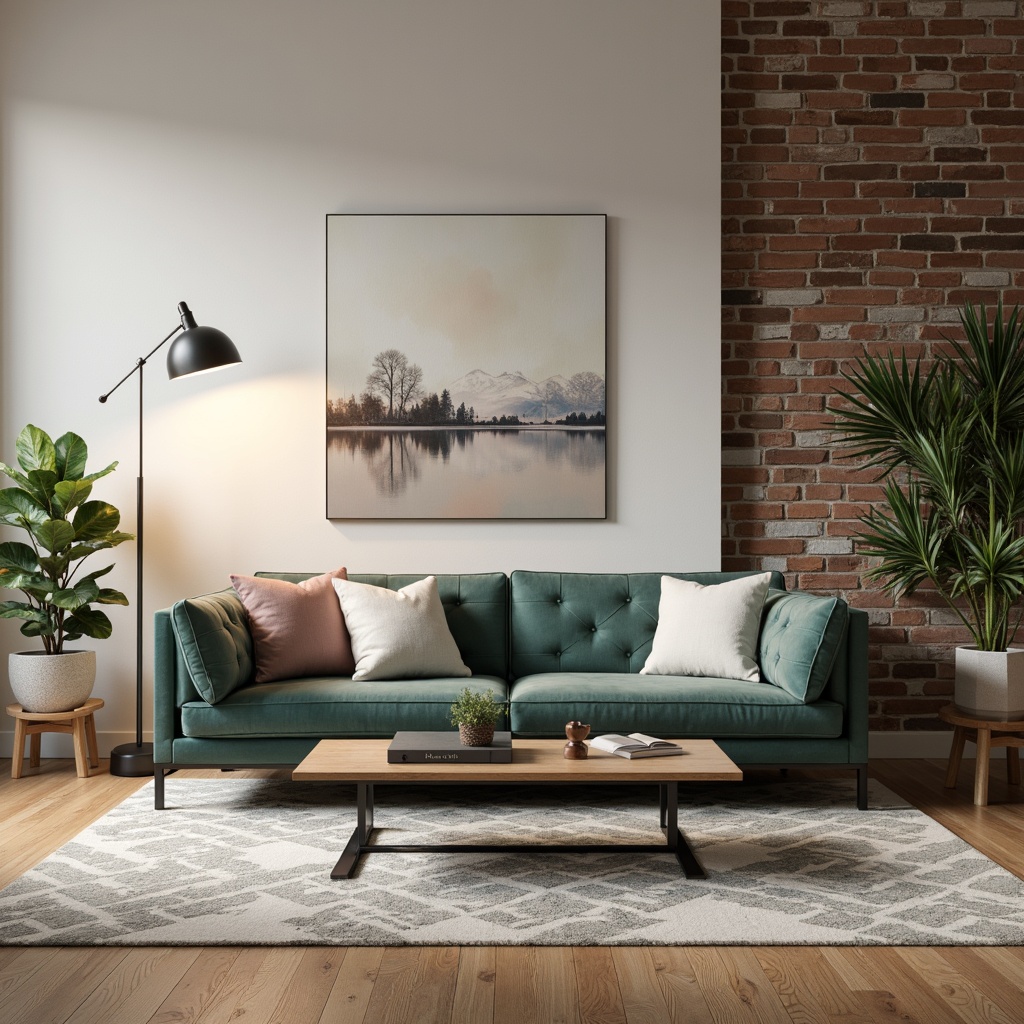 Prompt: Modern living room, sleek low-profile sofa, tufted velvet upholstery, minimalist coffee table, metallic legs, glass top, ambient floor lamp, soft warm glow, pastel color palette, abstract art piece, geometric patterned rug, natural wood flooring, industrial chic decor, reclaimed wood accent wall, greenery plants, subtle texture variation, realistic material reflection, 1/1 composition, shallow depth of field, soft focus effect.