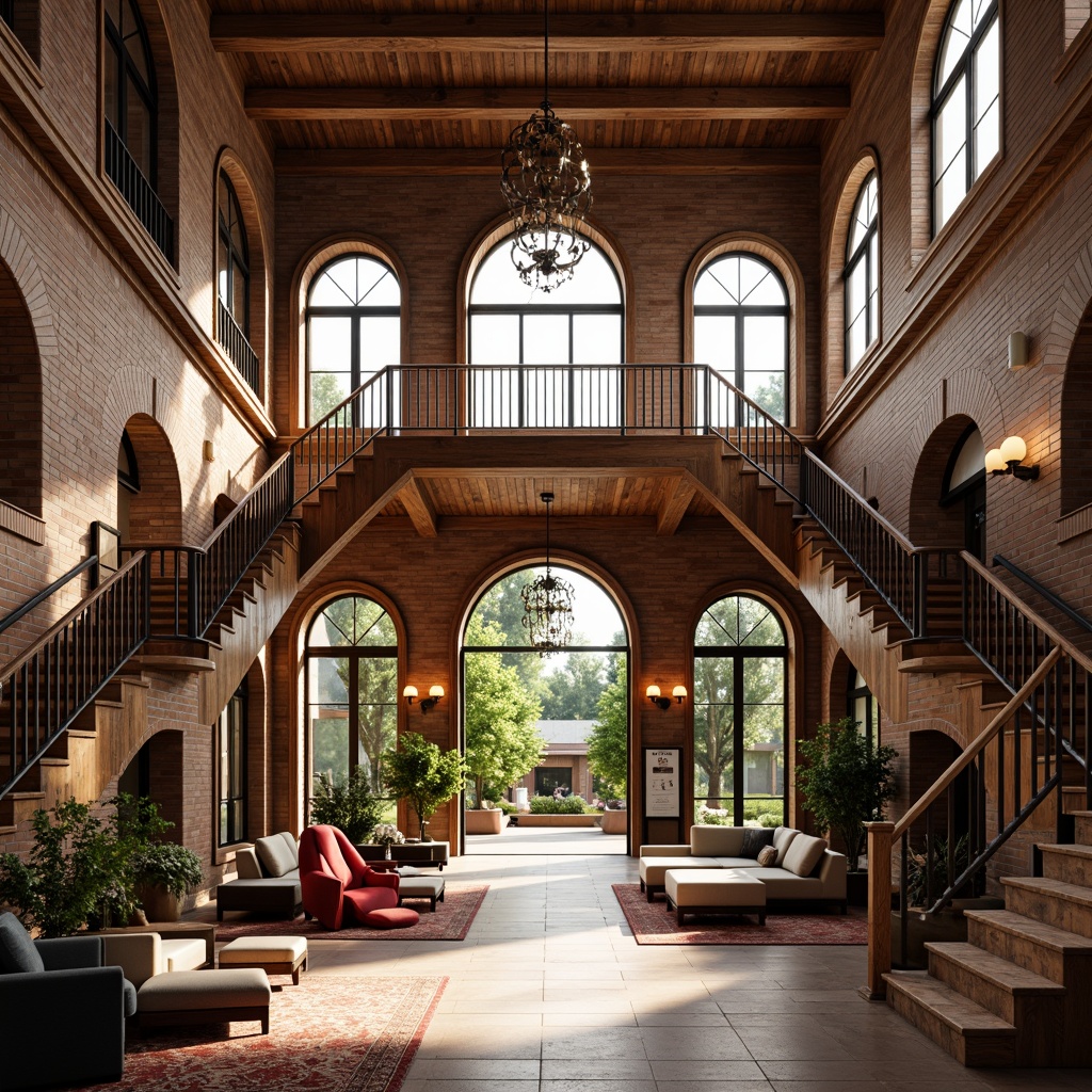 Prompt: Rustic brick fa\u00e7ade, wooden accents, natural stone flooring, warm earthy tones, traditional cornice details, grand entrance archways, sweeping staircases, ornate metal railings, elegant chandeliers, rich wood paneling, comfortable reading nooks, ample natural lighting, soft diffused light, 1/1 composition, symmetrical architecture, serene courtyard gardens, lush greenery, vibrant flowers, educational signage, abstract modern art installations, eclectic furniture arrangements, bold colorful textiles.