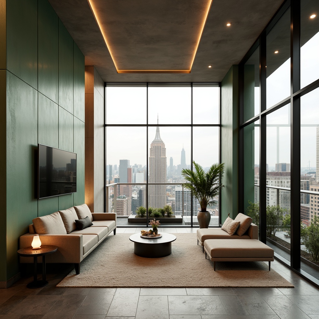 Prompt: Luxurious penthouse, open-plan living area, high ceilings, floor-to-ceiling windows, panoramic city views, sleek modern furniture, minimalist decor, neutral color palette, natural stone flooring, metallic accents, green walls, indoor plants, abundant natural light, soft warm glow, shallow depth of field, 3/4 composition, realistic textures, ambient occlusion, urban skyline, bustling city life, trendy neighborhood.