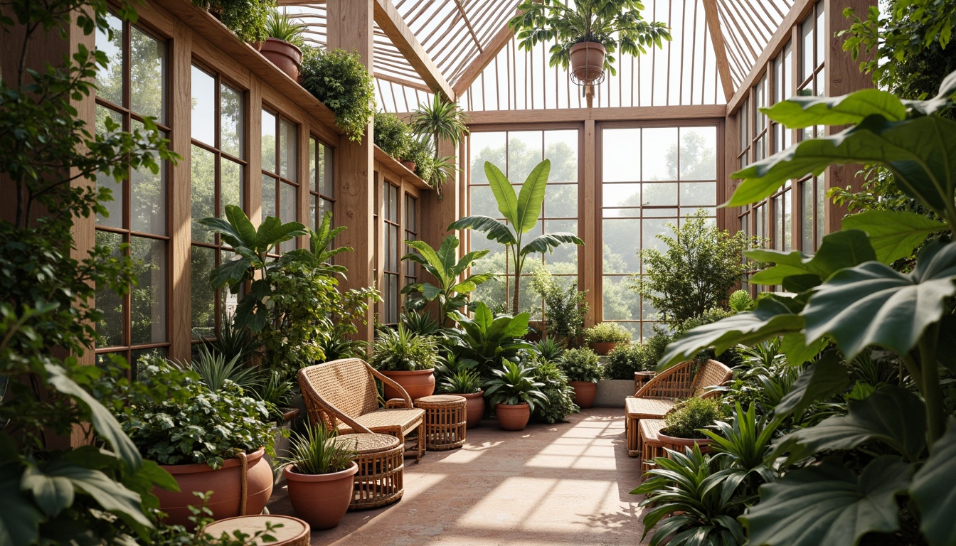 Prompt: Vibrant botanical greenhouse, lush tropical plants, natural wood accents, misty atmosphere, warm soft lighting, earthy terracotta pots, woven rattan furniture, delicate glass panels, rustic metal frames, whimsical floral patterns, pastel color scheme, soft peach tones, muted sage greens, weathered wooden benches, serene ambiance, shallow depth of field, 1/1 composition, realistic textures, ambient occlusion.