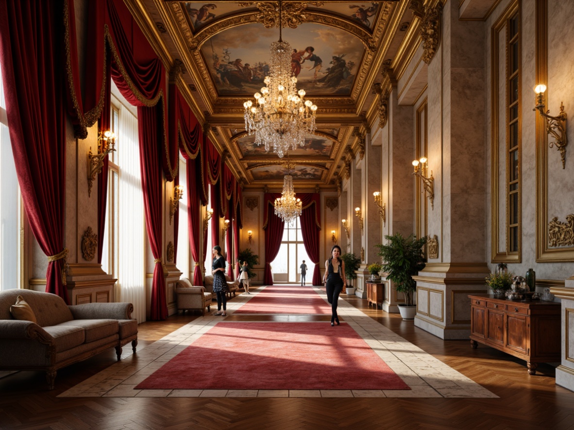 Prompt: Luxurious velvet drapes, ornate gold accents, richly polished wooden floors, intricate marble patterns, grand crystal chandeliers, imposing stone columns, regal red carpeting, lavish furnishings, soft warm lighting, shallow depth of field, 1/1 composition, panoramic view, realistic textures, ambient occlusion, Renaissance-inspired frescoes, elegant curved lines, symmetrical architecture, stately foyers, opulent decorative details.