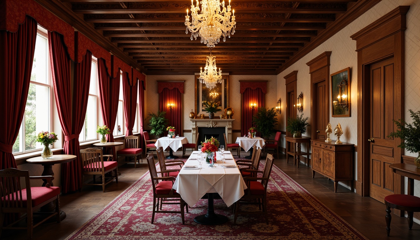 Prompt: Elegant dining room, rich wood tones, ornate carvings, luxurious fabrics, velvet drapes, crystal chandeliers, rustic wooden tables, intricately designed chairs, antique vases, lace tablecloths, warm golden lighting, soft romantic ambiance, classic rectangular shape, traditional English style, refined sophisticated atmosphere.