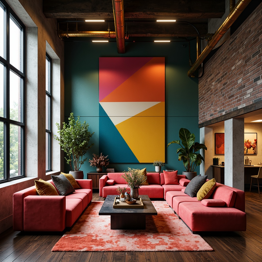 Prompt: Vibrant accent walls, bold geometric patterns, eclectic mix of textures, luxurious velvet sofas, metallic gold lighting fixtures, rich wood flooring, statement artwork, sleek modern furniture, pops of bright coral, deep teal, and sunny yellow, industrial chic decor, exposed brick walls, polished concrete floors, urban loft atmosphere, warm atmospheric lighting, shallow depth of field, 1/1 composition, dramatic shadows.