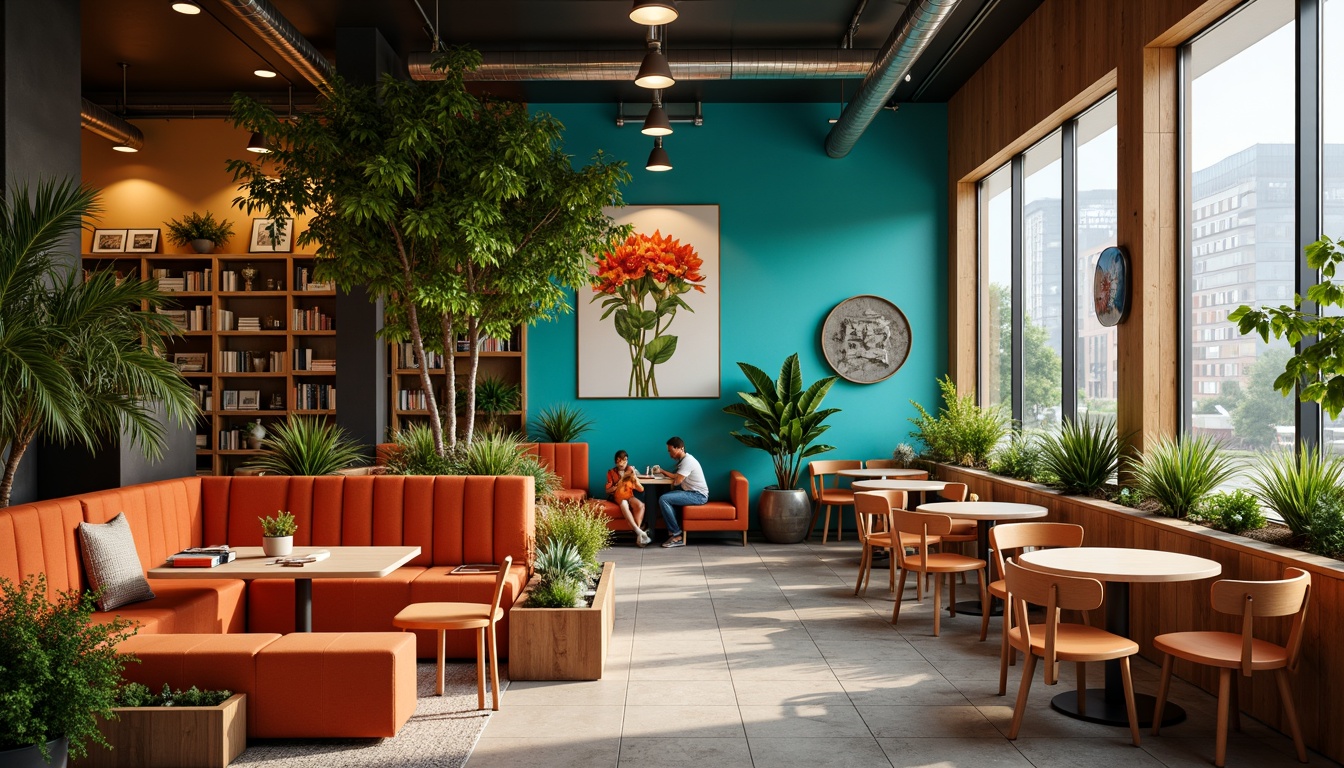 Prompt: Vibrant cafe, eclectic color accents, bold furniture, bright turquoise walls, warm wooden tones, sleek metal fixtures, lush greenery, natural textiles, cozy reading nooks, aromatic coffee scents, soft warm lighting, shallow depth of field, 1/1 composition, realistic textures, ambient occlusion.