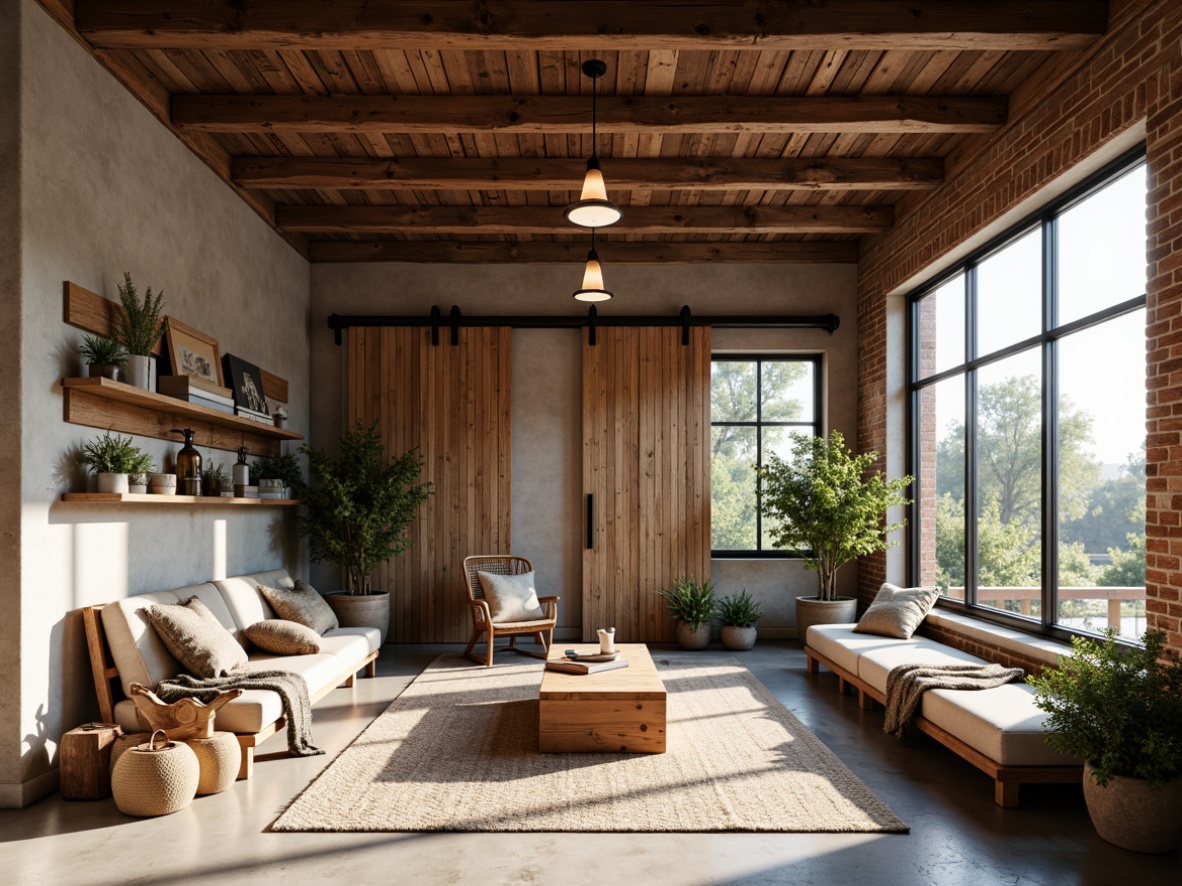 Prompt: Rustic farmhouse, industrial elements, exposed brick walls, metal beams, reclaimed wood accents, vintage farming tools, natural textiles, earthy color palette, abundant natural light, large windows, sliding barn doors, polished concrete floors, minimalist decor, functional workspaces, cozy reading nooks, plush throw blankets, warm pendant lighting, airy atmosphere, 1/1 composition, soft focus, realistic textures.