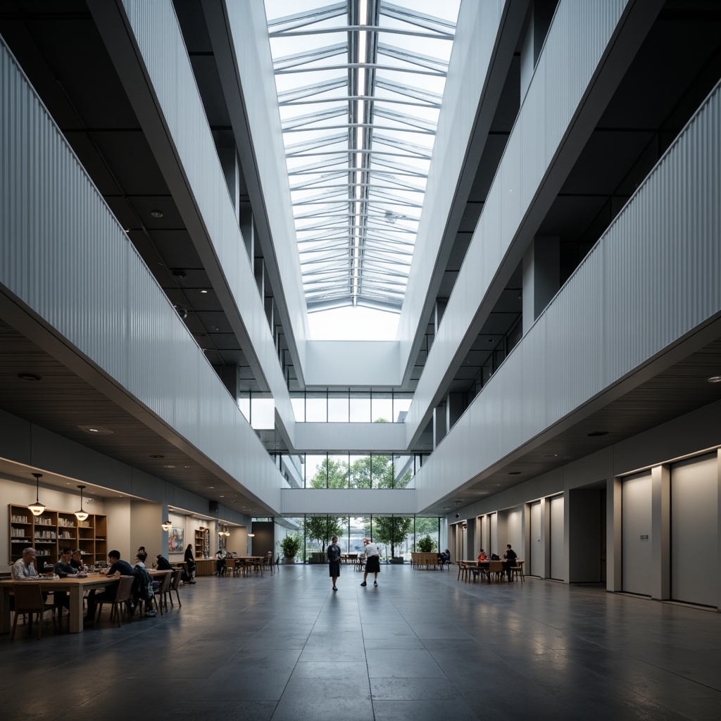 Prompt: Modern educational institute, minimalist interior design, clean lines, monochromatic color scheme, LED strip lighting, indirect ambient illumination, suspended ceiling fixtures, pendant lamps, natural light pouring through clerestory windows, subtle gradient effects, softbox diffusion, high-contrast ratios, cinematic mood lighting, shallow depth of field, 2.35