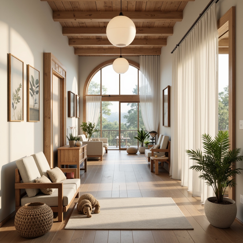 Prompt: Minimalist Scandinavian-style hallway, soft warm lighting, pendant lamps, natural wood accents, light-colored walls, minimalist furniture, cozy textiles, woven baskets, nature-inspired decor, greenery, floor-to-ceiling windows, sheer curtains, soft pastel colors, subtle shadows, ambient occlusion, 1/1 composition, realistic textures, relaxed atmosphere.