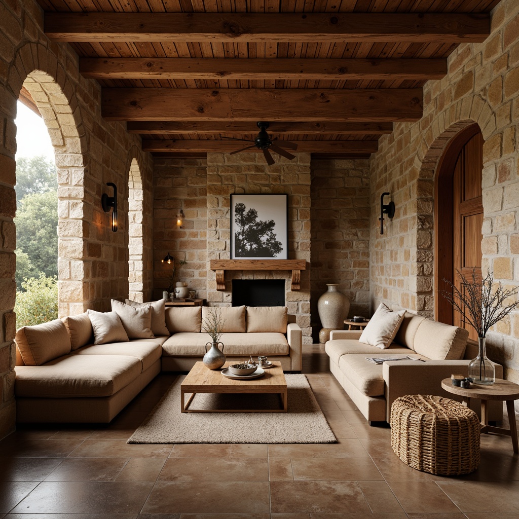 Prompt: Warm brown stone walls, earthy tone floors, natural textures, rustic wooden furniture, velvet sofas, woven wicker chairs, oak wood coffee tables, bronze metal accents, soft beige upholstery, cozy throw blankets, nature-inspired vases, ambient warm lighting, shallow depth of field, 1/2 composition, realistic rendering, high-quality textures.