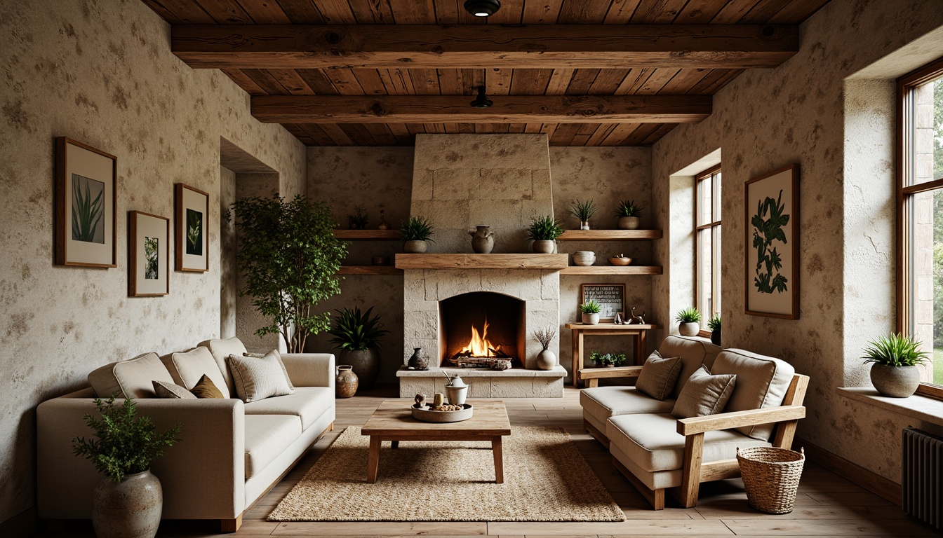 Prompt: Rustic farmhouse interior, natural stone walls, reclaimed wood beams, wooden furniture, woven textiles, earthy color palette, vintage decorations, botanical prints, potted plants, exposed brick fireplaces, distressed metal accents, organic shapes, warm ambient lighting, shallow depth of field, 1/1 composition, realistic textures, soft focus effect.