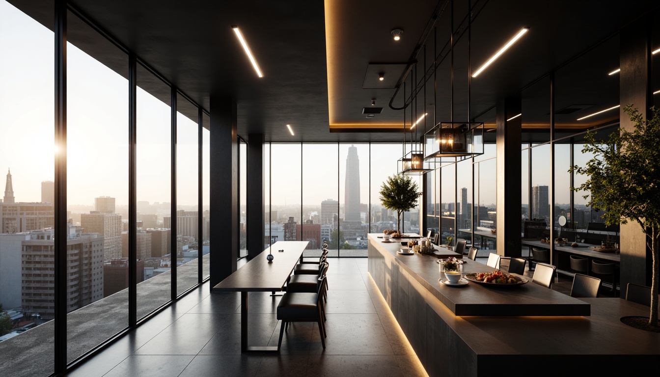 Prompt: Minimalist interior, sleek lines, monochromatic color scheme, LED strip lighting, warm ambient glow, geometric pendant lamps, matte black fixtures, polished chrome accents, floor-to-ceiling windows, urban cityscape views, morning sunlight, softbox diffused light, shallow depth of field, 1/1 composition, cinematic atmosphere, realistic reflections, subtle gradient maps.