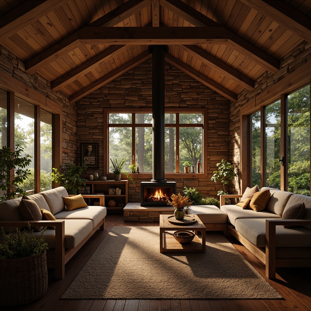 Prompt: Cozy cabin, earthy tones, warm wooden textures, natural stone walls, rustic metal accents, plush furnishings, soft candlelight, crackling fireplace, comfortable seating areas, woven baskets, vintage decorative items, lush greenery, forest surroundings, misty morning, warm golden lighting, shallow depth of field, 1/1 composition, realistic wood grain, ambient occlusion.