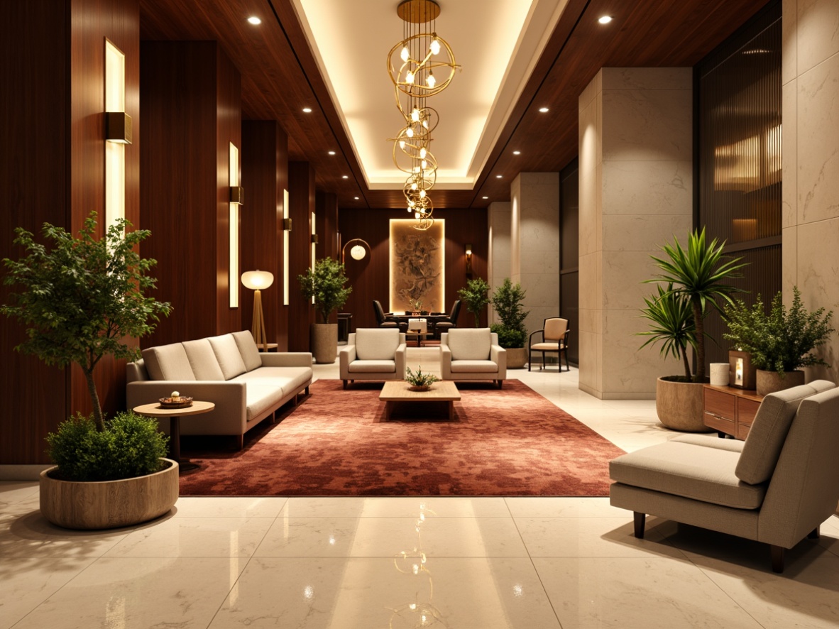 Prompt: Luxurious hotel lobby, rich wood tones, velvety soft carpets, creamy marble floors, warm golden lighting, elegant chandeliers, plush sofas, vibrant greenery, modern minimalist furniture, sleek metal accents, calm neutral colors, soothing beige walls, tranquil atmosphere, shallow depth of field, 1/1 composition, realistic textures, ambient occlusion.