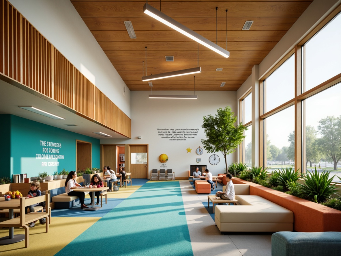 Prompt: Vibrant middle school interior, streamline moderne aesthetic, warm beige walls, rich wood accents, bold blue-green color scheme, energizing yellow-orange hues, sleek metal fixtures, minimalist furniture designs, plenty of natural light, floor-to-ceiling windows, open-plan classrooms, collaborative learning spaces, flexible seating arrangements, educational graphics, motivational quotes, inspirational artwork, dynamic LED lighting, soft ambient glow, shallow depth of field, 1/1 composition, realistic textures, subtle shadowing.