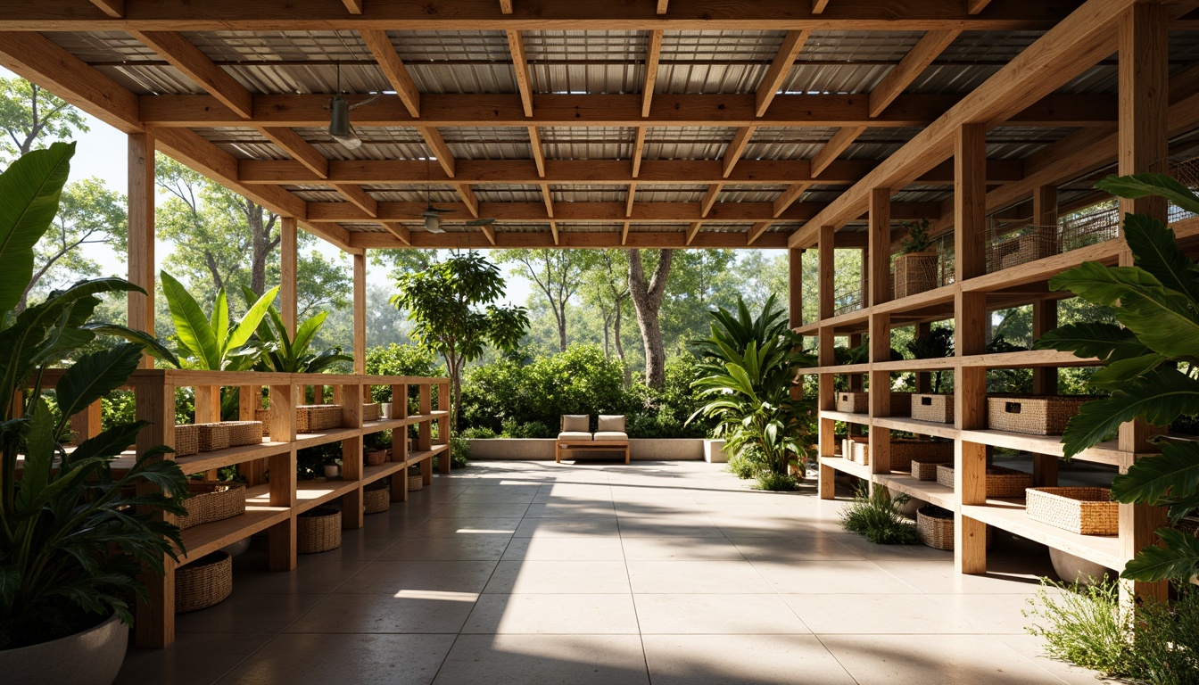 Prompt: Tropical storage room, natural wood shelves, woven rattan baskets, ventilated metal roofs, louvered windows, cross-ventilation systems, evaporative cooling systems, shaded outdoor spaces, lush greenery, exotic plants, warm sunny day, soft diffused lighting, shallow depth of field, 3/4 composition, realistic textures, ambient occlusion.