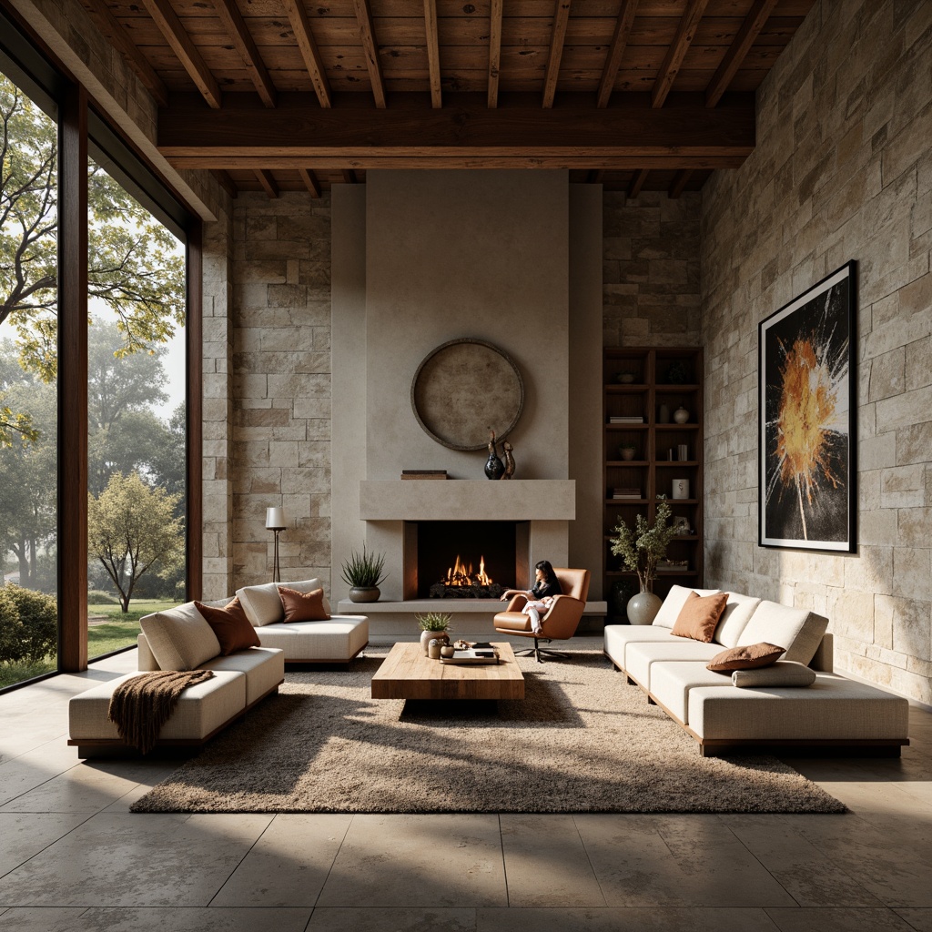 Prompt: Rustic living room, textured stone walls, earthy tones, cozy atmosphere, warm lighting, plush furniture, natural fabrics, wooden accents, minimalist decor, modern industrial design, concrete floors, metal beams, reclaimed wood ceilings, abstract artwork, moody color palette, dramatic shadows, high contrast ratio, cinematic composition, shallow depth of field.