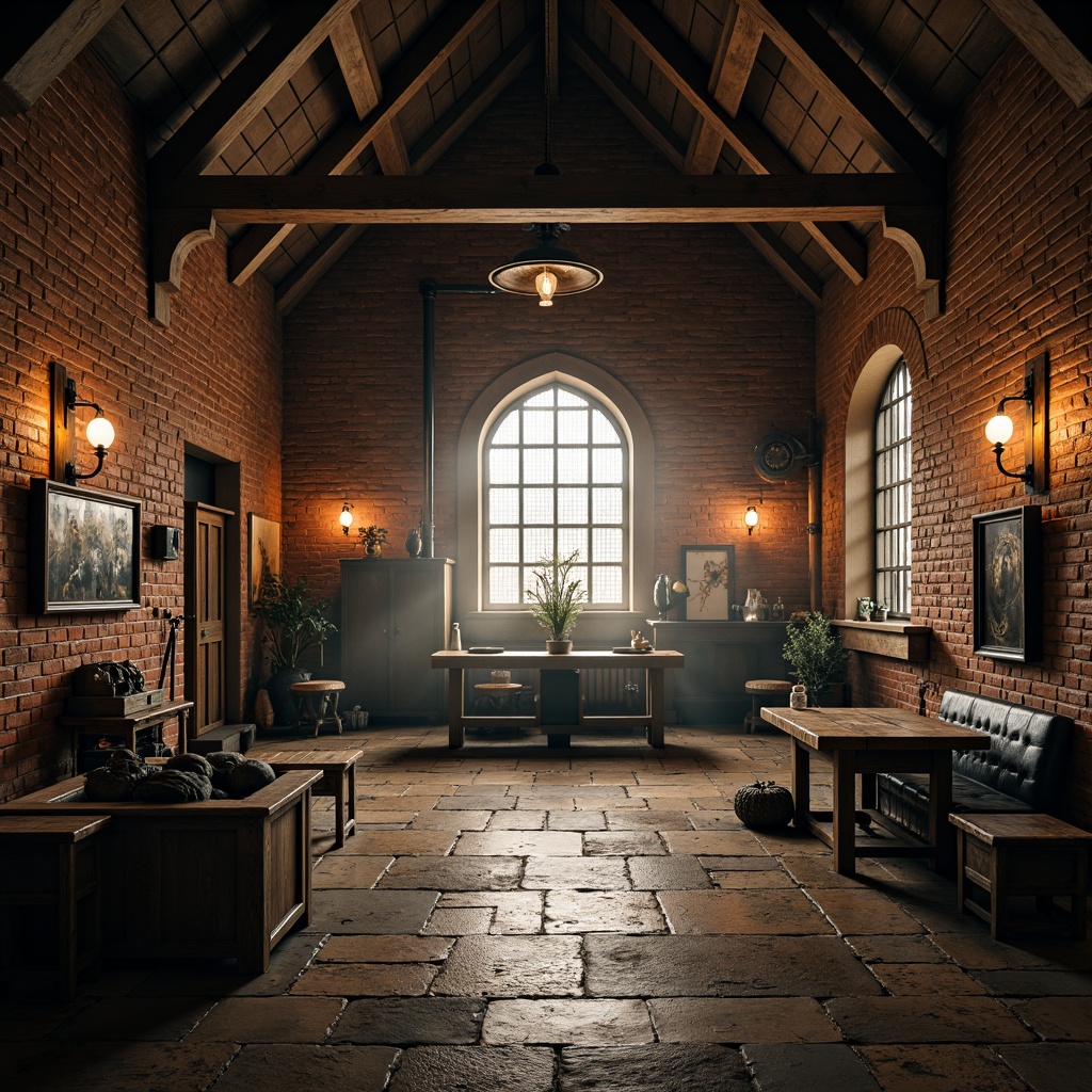 Prompt: Rustic monastery complex, exposed brick walls, industrial metal beams, reclaimed wood accents, vintage machinery parts, distressed stone floors, ornate Gothic arches, stained glass windows, mystical ambiance, soft warm lighting, atmospheric fog, 1/1 composition, symmetrical framing, high contrast ratio, detailed textures, realistic reflections.