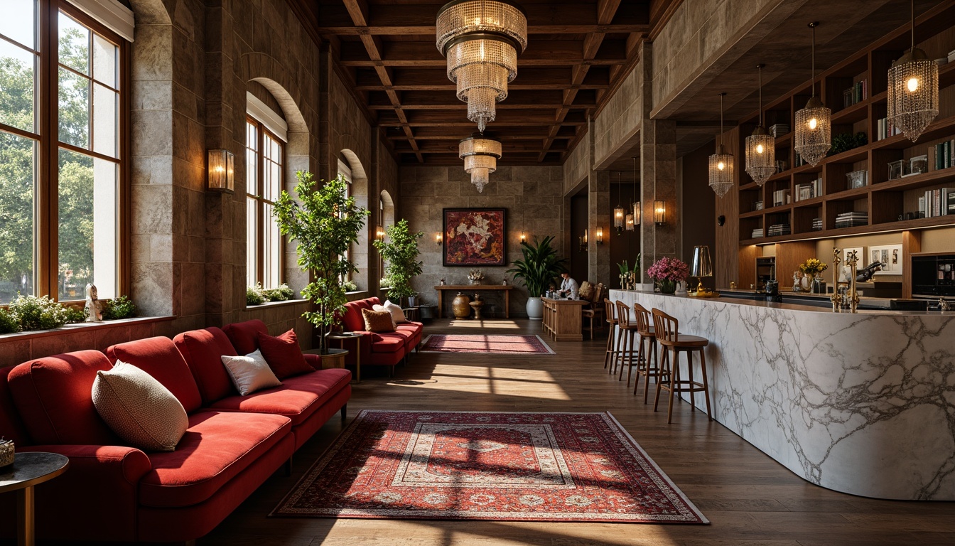 Prompt: Luxurious interior space, richly textured finishes, velvet sofas, wooden accents, metallic sheen, marble countertops, rustic stone walls, distressed wood flooring, plush area rugs, elegant crystal chandeliers, sophisticated color palette, warm ambient lighting, shallow depth of field, 1/1 composition, realistic material renderings.