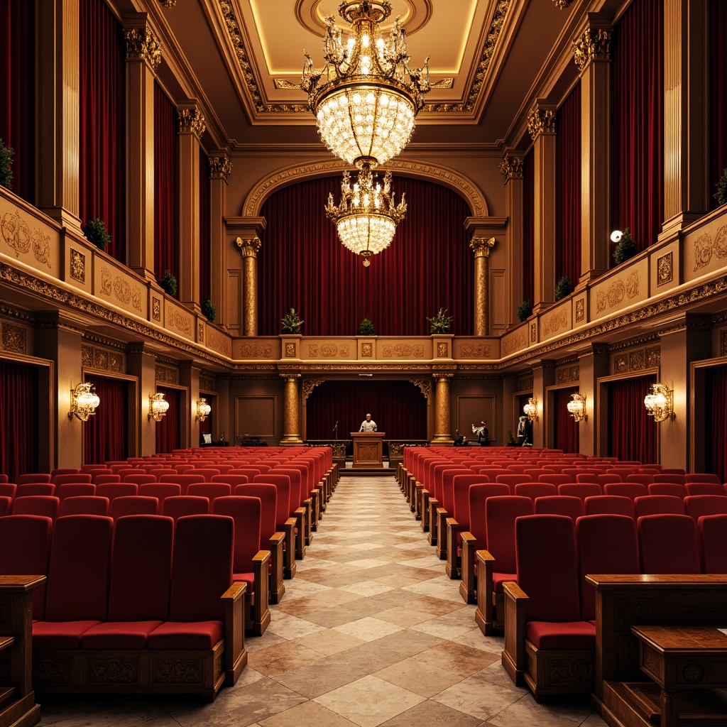 Prompt: Elegant auditorium, traditional style design, wooden seats, crimson upholstery, ornate carvings, gold accents, grand chandeliers, high ceilings, marble floors, red velvet curtains, intricate moldings, classical columns, symmetrical arrangement, center aisle, raised platforms, lecterns, microphones, warm soft lighting, dramatic shadows, 1/2 composition, realistic textures, ambient occlusion.