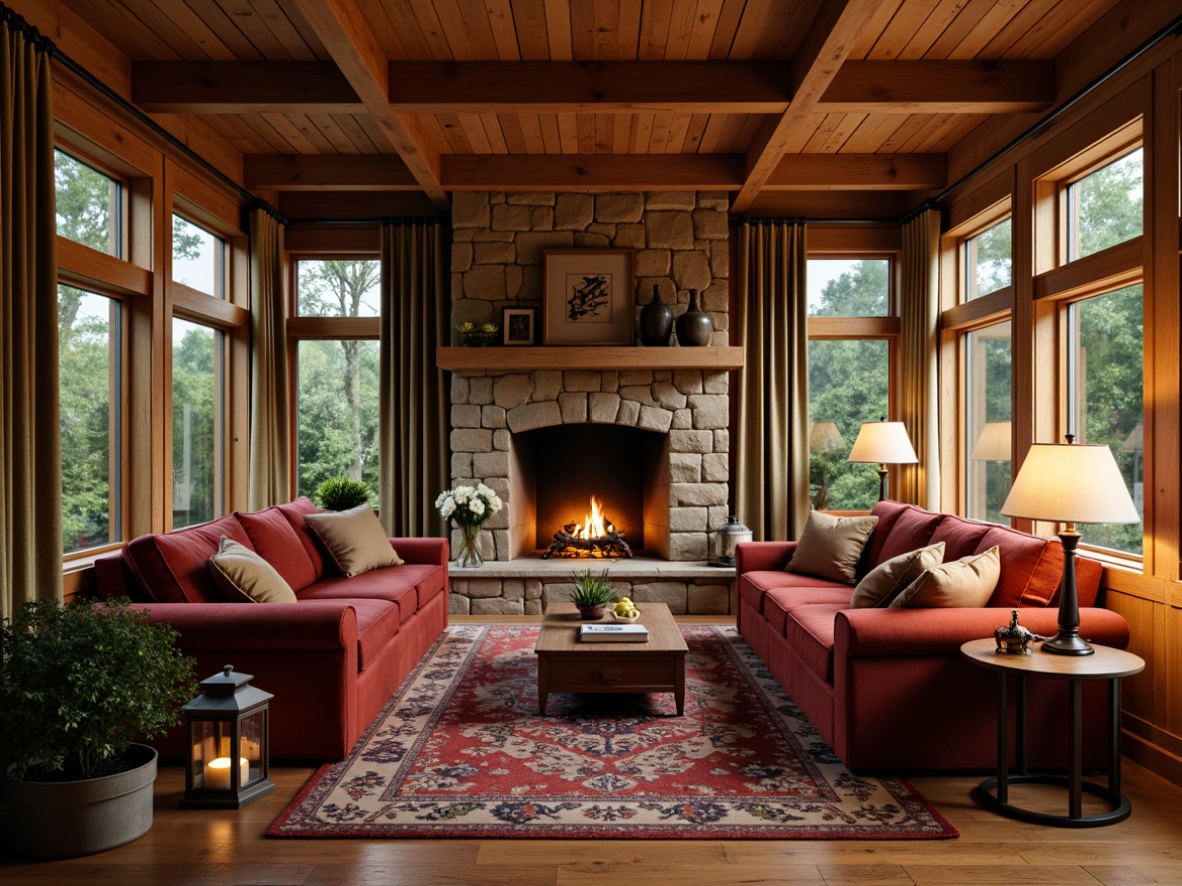 Prompt: Cozy living room, warm wooden accents, richly stained oak floors, plush area rugs, comfortable velvet sofas, earthy tone walls, natural stone fireplaces, vintage metal lanterns, warm soft lighting, table lamps with linen shades, floor lamps with wooden bases, warm white LED lights, layered window treatments, flowing drapery, organic textures, 1/1 composition, shallow depth of field, realistic materials, ambient occlusion.