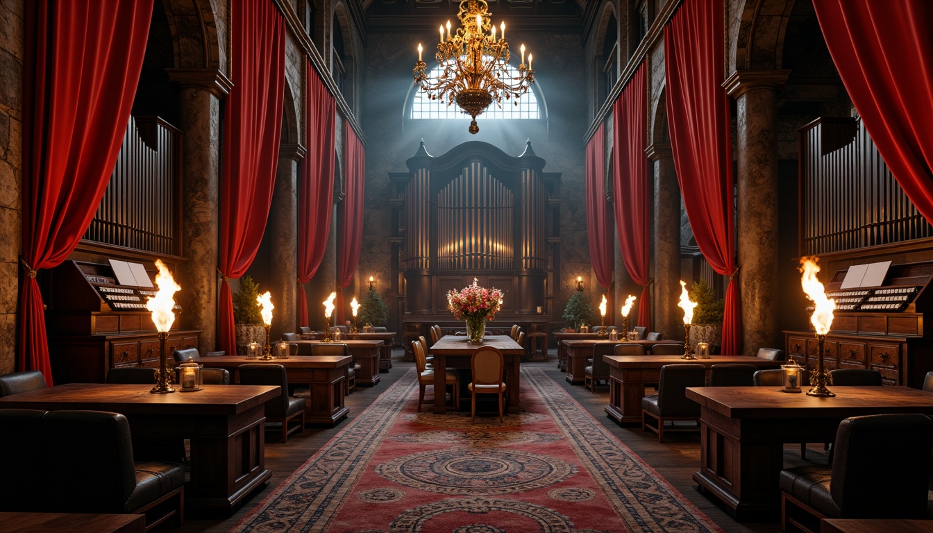 Prompt: Dark medieval-inspired music venue, ornate chandeliers, crimson velvet drapes, mysterious fog machines, grand pipe organs, stone walls with torches, heavy wooden tables, throne-like chairs, mystical symbol-patterned rugs, dimly lit candlesticks, eerie ambient lighting, dramatic archways, vaulted ceilings, lavish gold accents, antique furniture pieces, mysterious ancient artifacts, eerie sound effects, haunting melodies, intense spotlights, 1/2 composition, low-key warm tone, cinematic atmosphere.