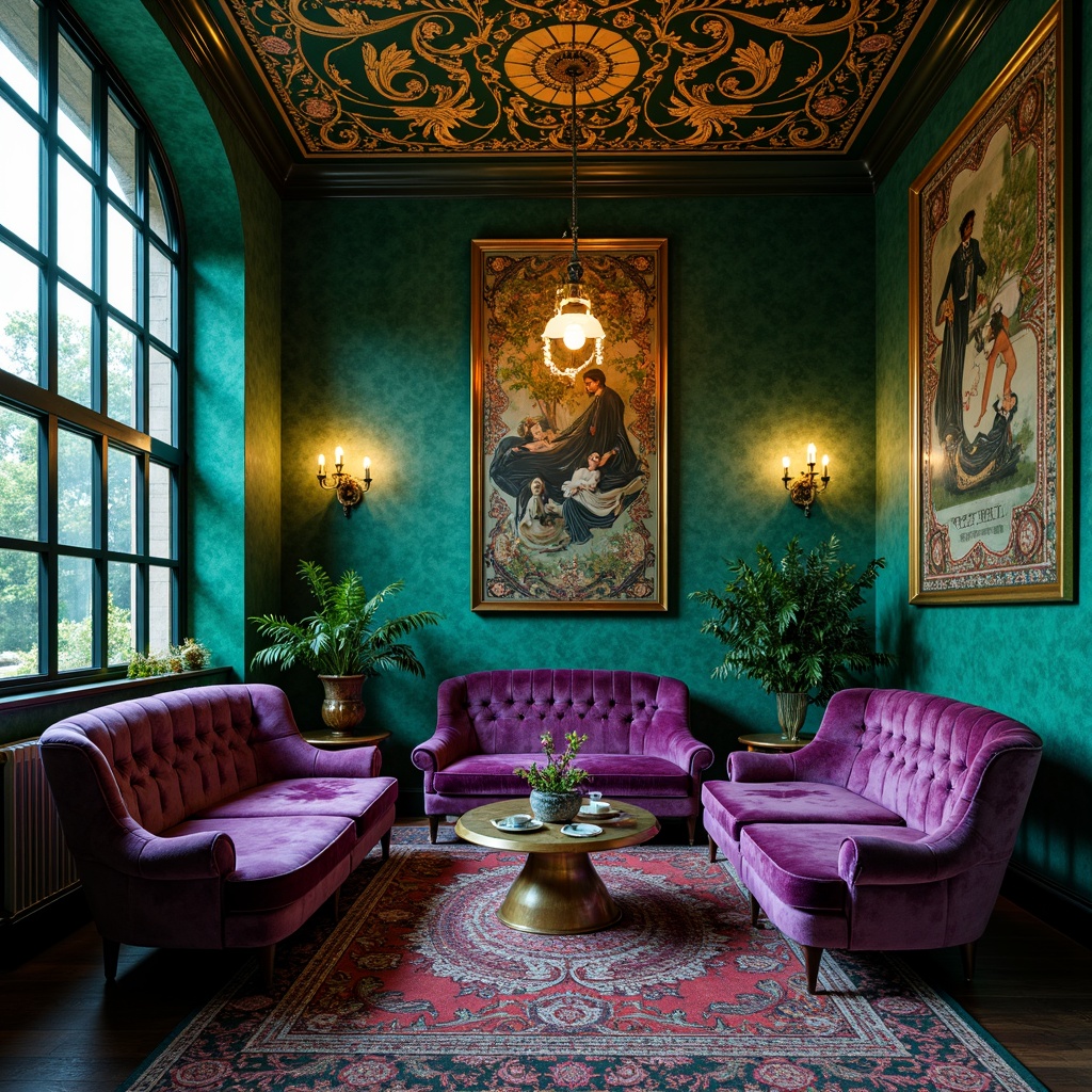 Prompt: Opulent art nouveau interior, rich jewel tones, emerald green walls, sapphire blue accents, amethyst purple furniture, gold leaf ornamentation, intricate organic patterns, flowing curved lines, ornate metalwork, luxurious velvet fabrics, soft warm lighting, shallow depth of field, 1/1 composition, realistic textures, ambient occlusion.