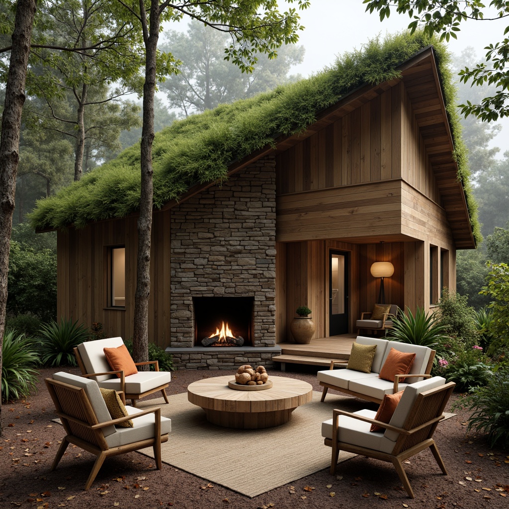 Prompt: Earthy cabin, wooden accents, reclaimed wood walls, natural stone fireplace, green roof, living trees, bamboo flooring, woven rattan furniture, organic textiles, earthy color palette, soft warm lighting, cozy atmosphere, secluded forest setting, misty morning, gentle breeze, 1/1 composition, shallow depth of field, realistic textures.