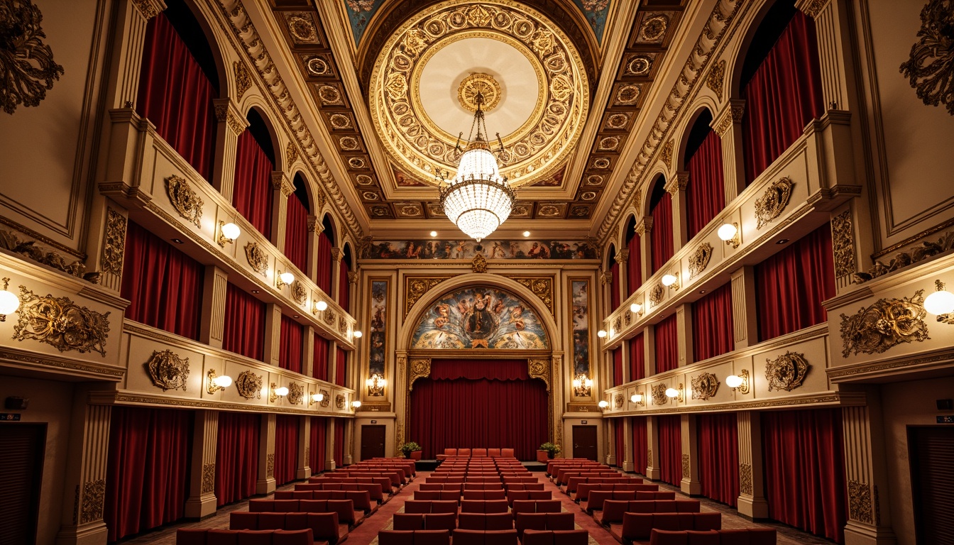 Prompt: Ornate opera house ceiling, intricate moldings, gilded details, luxurious chandeliers, grandiose arches, ornamental plasterwork, richly patterned frescoes, Baroque-inspired motifs, lavish drapery, crimson red velvet, golden accents, dramatic lighting effects, shallow depth of field, 1/1 composition, symmetrical layout, regal atmosphere, opulent textures, realistic reflections.