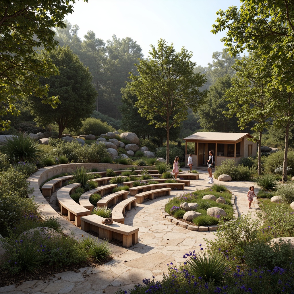 Prompt: Earthy amphitheater, natural stone seating, wooden accents, lush greenery, blooming flowers, meandering pathways, organic shapes, curved lines, earthy tones, warm lighting, soft shadows, rustic textures, ambient occlusion, 3/4 composition, panoramic view, realistic renderings, subtle color palette, serene atmosphere, peaceful ambiance.