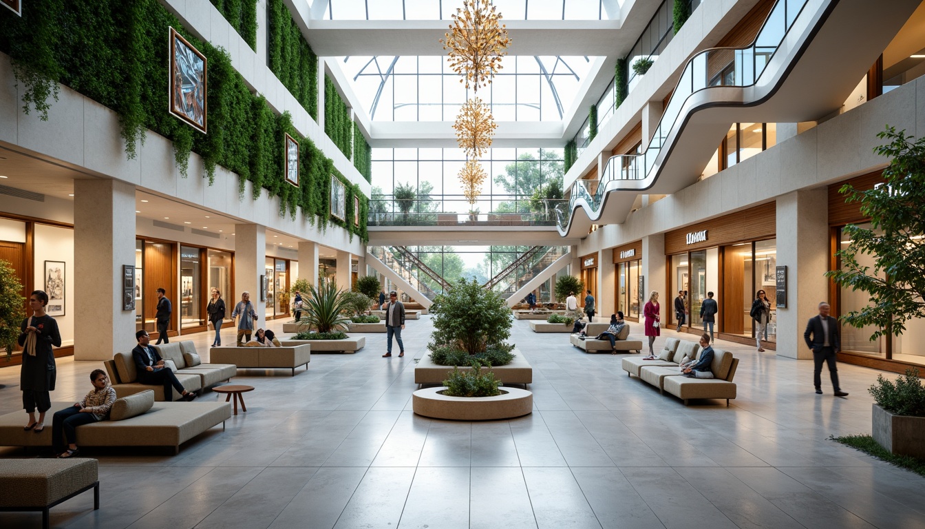 Prompt: Modern shopping mall, spacious atrium, natural light, sleek escalators, minimalist flooring, elegant chandeliers, open-plan retail spaces, flexible merchandising systems, comfortable seating areas, lush greenery walls, warm wood accents, soft ambient lighting, shallow depth of field, 1/1 composition, panoramic view, realistic textures, ambient occlusion.