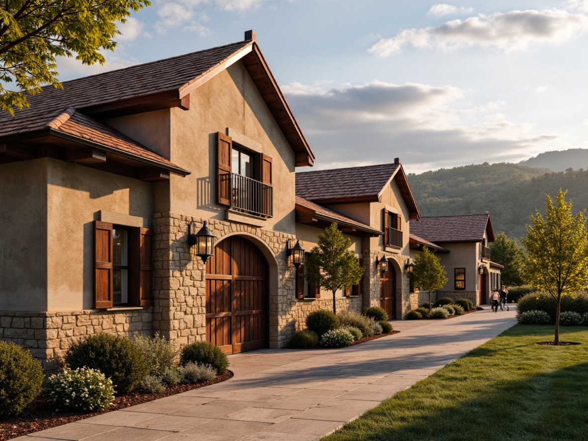 Prompt: Rustic winery facade, stone walls, wooden doors, ornate metalwork, classic arches, curved lines, earthy color palette, terracotta roofing, vintage windows, distressed wood accents, natural stonework, rolling vineyards, scenic countryside, warm golden lighting, soft focus, shallow depth of field, 1/1 composition, realistic textures, ambient occlusion.