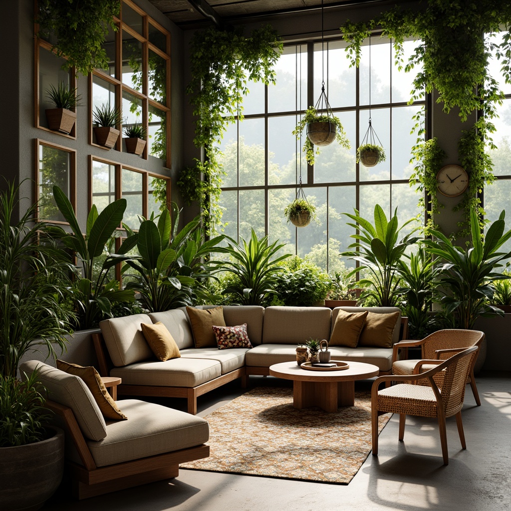 Prompt: Lush greenery, natural light, airy atmosphere, mid-century modern furniture, sleek wooden tables, woven wicker chairs, plush velvet sofas, geometric patterned rugs, potted plants, hanging planters, reclaimed wood accents, industrial metal frames, minimalist decor, organic shapes, earthy color palette, warm soft lighting, shallow depth of field, 1/1 composition, realistic textures, ambient occlusion.