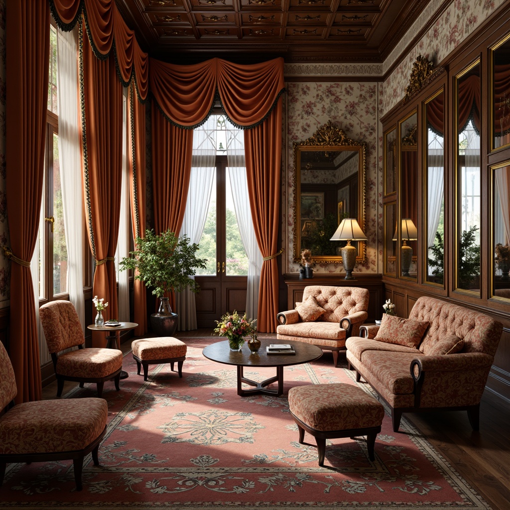 Prompt: Intricate floral patterns, flowing organic lines, sinuous curves, luxurious fabrics, velvet drapes, silk upholstery, embroidered accents, beaded trimmings, ornate wooden furniture, carved mahogany panels, gilded mirrors, bronze hardware, soft warm lighting, shallow depth of field, 3/4 composition, realistic textures, ambient occlusion, opulent colors, lavish decorations, whimsical botanical motifs.