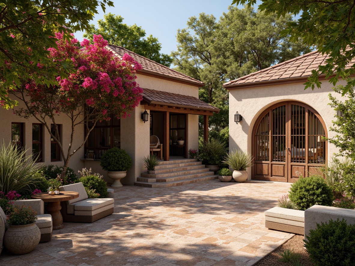 Prompt: Warm Mediterranean villa, rustic stone walls, terracotta roofs, ornate iron gates, lush greenery, vibrant bougainvillea, colorful ceramics, intricately patterned tiles, natural wood accents, distressed finishes, soft warm lighting, shallow depth of field, 3/4 composition, panoramic view, realistic textures, ambient occlusion.