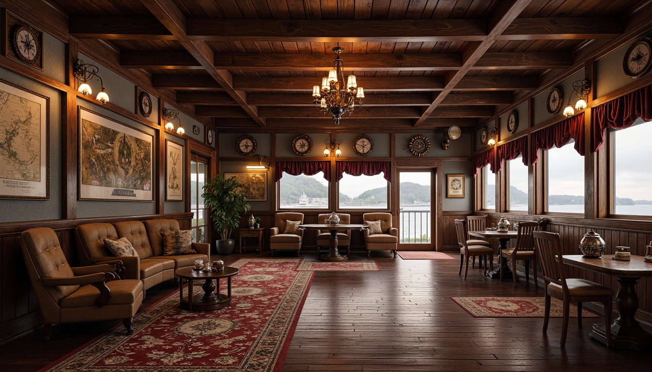 Prompt: Weathered wooden docks, ornate metal fixtures, lavish velvet drapes, gilded accents, intricate carvings, rustic stone walls, distressed leather upholstery, richly patterned rugs, antique nautical instruments, vintage maps, soft warm lighting, shallow depth of field, 1/1 composition, panoramic view, realistic textures, ambient occlusion.