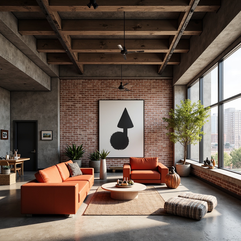 Prompt: Minimalist interior, industrial materials, exposed brick walls, polished concrete floors, steel beams, functional furniture, geometric shapes, primary color accents, abundant natural light, floor-to-ceiling windows, open-plan living, spacious atmosphere, eclectic art pieces, modern sculptures, graphic textiles, urban loft feel, soft warm lighting, shallow depth of field, 1/1 composition, realistic textures, ambient occlusion.