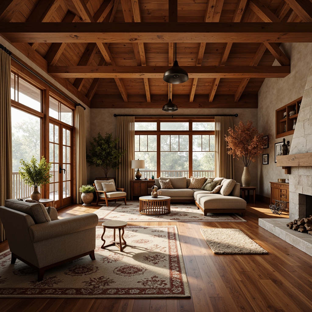 Prompt: Cozy Craftsman interior, warm wood tones, rich oak flooring, plush area rugs, earthy color palette, natural stone fireplaces, wooden beam ceilings, decorative trims, vintage metal lighting fixtures, comfortable furnishings, soft window treatments, organic textures, 1/2 composition, warm softbox lighting, realistic wood grain, ambient occlusion.