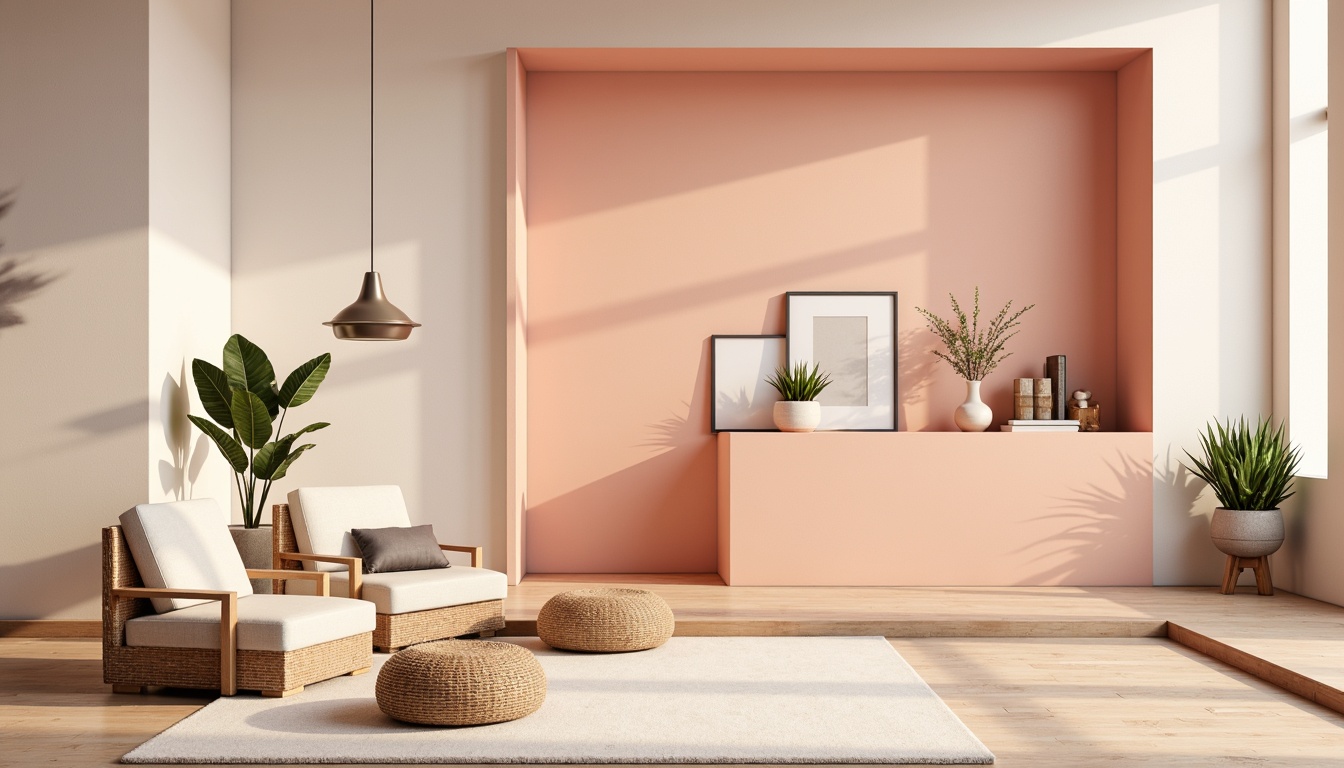 Prompt: Vibrant design studio, pastel color scheme, soft peach tones, creamy whites, rich charcoal accents, bold typography, geometric shapes, modern minimalist aesthetic, natural textures, earthy undertones, warm ambient lighting, shallow depth of field, 1/1 composition, realistic renderings, subtle gradient effects.