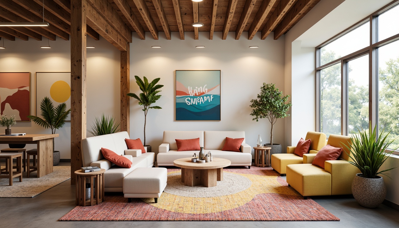 Prompt: Vibrant design studio, modern furniture, eclectic art pieces, natural wood accents, bold typography, bright color blocking, pastel hues, creamy whites, rich charcoal grays, warm golden lighting, shallow depth of field, 2/3 composition, realistic textures, ambient occlusion.