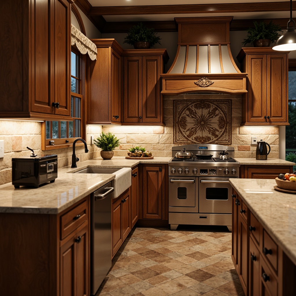 Prompt: Warm traditional kitchen, rich wood cabinetry, elegant stone countertops, ornate metal fixtures, vintage appliances, rustic brick backsplash, earthy tone colors, subtle texture variations, ambient softbox lighting, shallow depth of field, 1/1 composition, realistic reflections, warm cozy atmosphere, classic country style, natural materials, earthy scent.