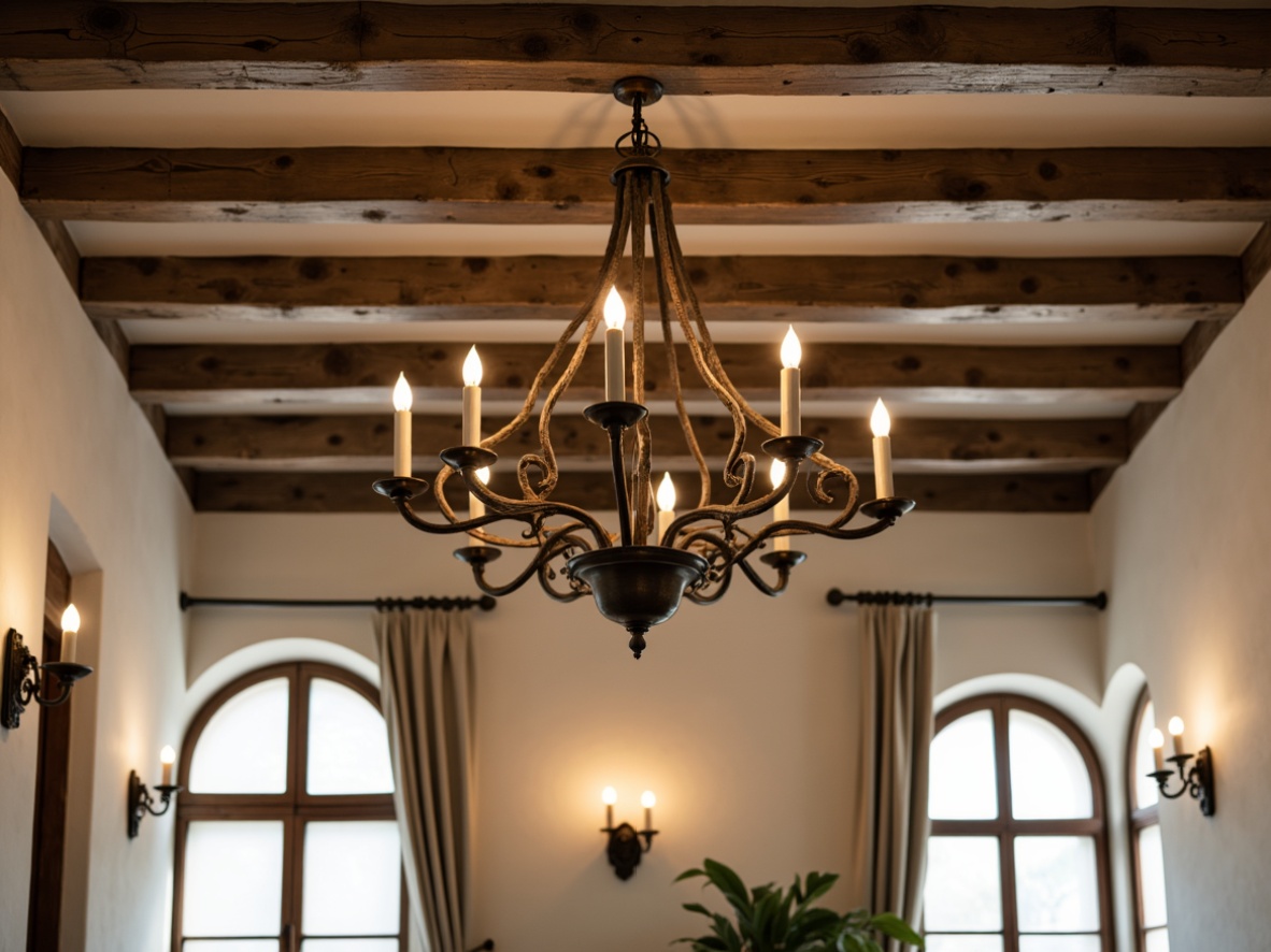 Prompt: Rustic chandelier, distressed wood beams, soft warm glow, candlelit ambiance, elegant sconces, ornate metalwork, cream-colored walls, vintage pendant lights, linen shades, natural fabrics, earthy tones, subtle sparkle, afternoon sunlight, gentle shadows, relaxed atmosphere, traditional French decor, provincial charm, rustic elegance, refined simplicity.