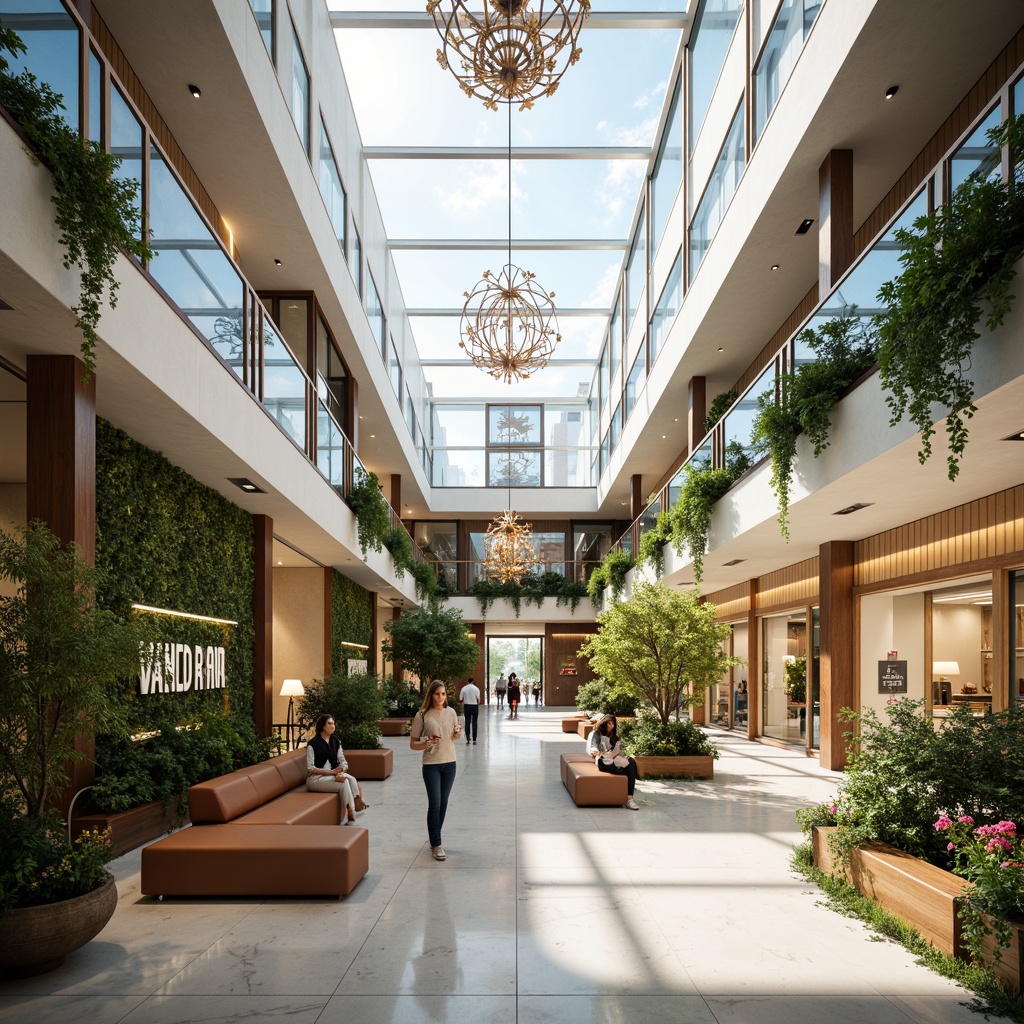 Prompt: Spacious atrium, natural light pouring in, sleek modern architecture, minimalist decor, polished marble floors, gleaming glass railings, open-concept retail spaces, inviting seating areas, lush green walls, vibrant flower arrangements, elegant chandeliers, soft warm lighting, shallow depth of field, 3/4 composition, panoramic view, realistic textures, ambient occlusion.